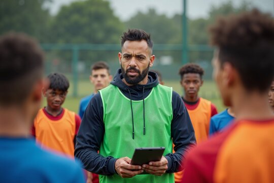photo of man coach instructor trainer teaching teenage player at soccer field, generative AI