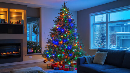 Vibrant Christmas tree decorated with colorful ornaments and twinkling lights, captured in a cozy living room.