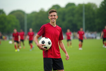 photo of teenage youth soccer player at soccer field, generative AI