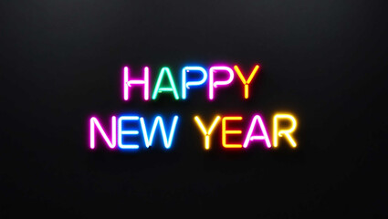 Obraz premium happy new year colorful neon lettering on plain dark black background