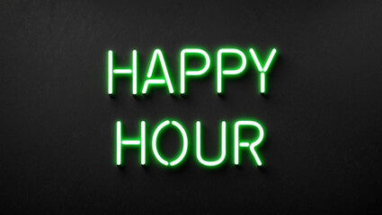 happy hour green neon lettering on plain dark black background
