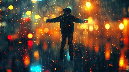A man dancing in the rain as each drop turns into colorful drops of paint, creating a whirlwind of color and life around him