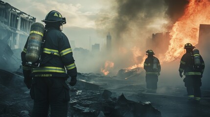 Obraz premium Emergency Response: Firefighters Battling Urban Blaze Fire