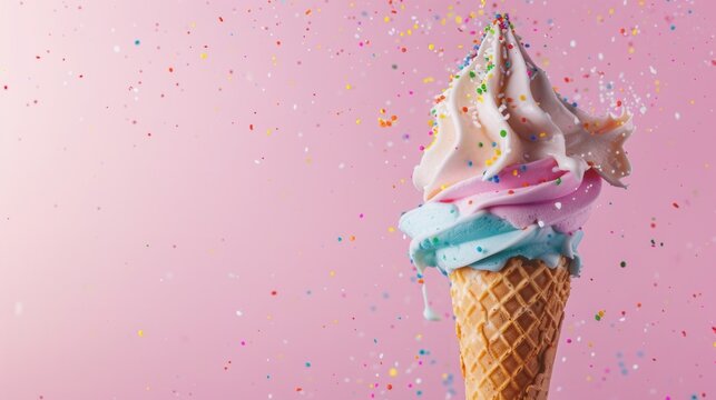 Closeup view of exploding tasty cone ice cream.