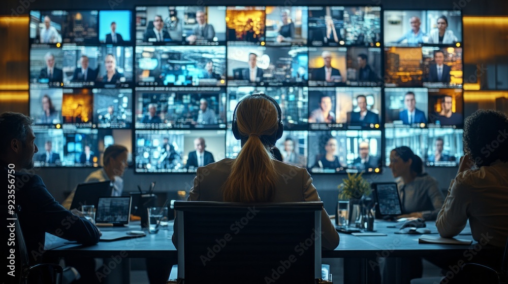 Poster a group of professionals engages in a virtual meeting, surrounded by large screens showcasing variou