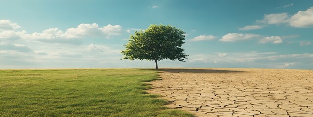 A tree in the middle of an open field, half with green grass and the other half dry desert, a striking visual representation of climate change