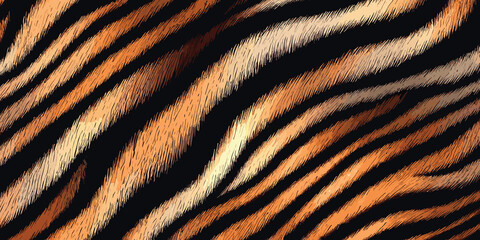 Exotic Tiger Skin Pattern Vector Illustration With Seamless Design. Animal Striped Skin Fur Pattern Texture Background