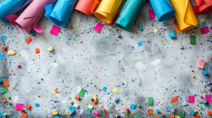 Fototapeta premium Colorful Education Back to School Background with Vibrant Confetti and Rolled Paper for Creative Learning and Classroom Decoration