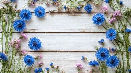 Vibrant Cornflower Frame with Bright Blue Petals in Watercolor Style, Wild Blooms Background for Design Projects