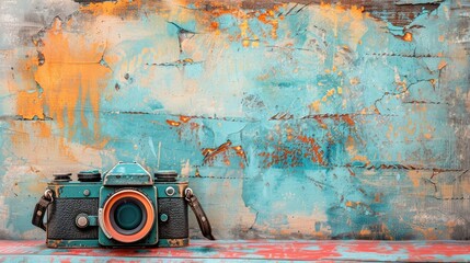 Vintage Camera on Artistic Pastel Background Celebrating World Photography Day with Vibrant Colors and Textures