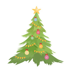 Christmas Green Tree Decorated with Toys and Garlands with Star on Top.