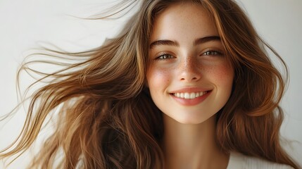 Fototapeta premium Beautiful young woman with long flowing hair, radiant smile, white background, copy space for text, hair in motion, soft natural lighting, glowing skin, white casual top, carefree expression.