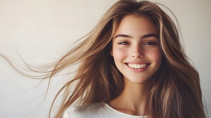 Fototapeta premium Beautiful young woman with long flowing hair, radiant smile, white background, copy space for text, hair in motion, soft natural lighting, glowing skin, white casual top, carefree expression.