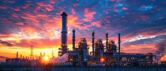 A sunset scene at an oil refinery shows colorful sky with clouds and smoke. The sky is a mix of magenta, blue, red, purple, and orange, while white smoke rises from plant structures.