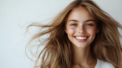 Fototapeta premium Beautiful young woman with long flowing hair, radiant smile, white background, copy space for text, hair in motion, soft natural lighting, glowing skin, white casual top, carefree expression.