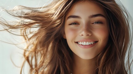 Fototapeta premium Beautiful young woman with long flowing hair, radiant smile, white background, copy space for text, hair in motion, soft natural lighting, glowing skin, white casual top, carefree expression.