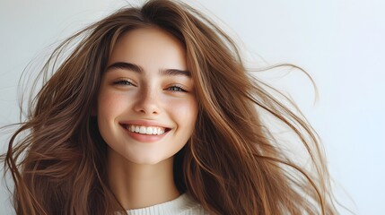 Fototapeta premium Beautiful young woman with long flowing hair, radiant smile, white background, copy space for text, hair in motion, soft natural lighting, glowing skin, white casual top, carefree expression.
