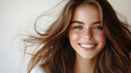 Fototapeta premium Beautiful young woman with long flowing hair, radiant smile, white background, copy space for text, hair in motion, soft natural lighting, glowing skin, white casual top, carefree expression.