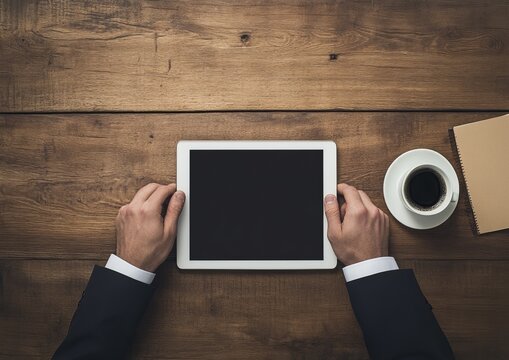 This image shows a hand grasping an idle tablet with a darkened screen and office supplies, conveying a sense of frustration or anticipation. - Powered by Adobe