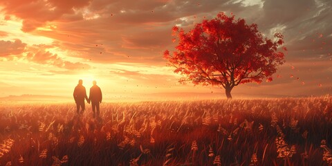 Illustration of Father and Child on a Flower Meadow, Harmonious Wallpaper