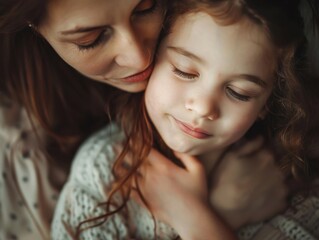 Obraz premium A mother and daughter share a tender moment in a sunlit field during golden hour