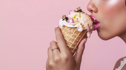 Female holding and eating a cone ice cream