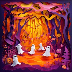Colorful Halloween scene with ghost figures in a whimsical forest, featuring pumpkins and bats.