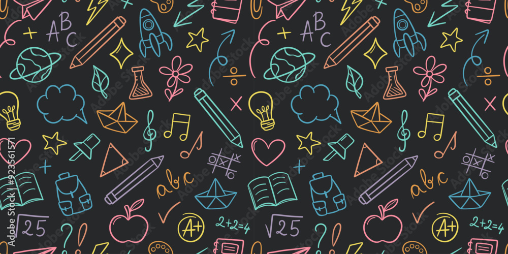 Poster dark back to school vector pattern background with colorful school supply doodles, seamless tile