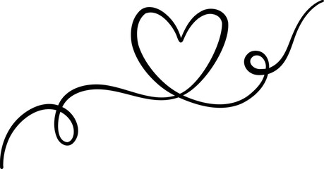 Isolated cartoon line art heart swirl ribbon decorative element, ink