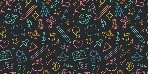 Dark back to school vector pattern background with colorful school supply doodles, seamless tile