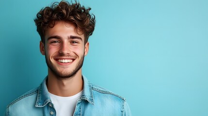 Charming young man with short curly hair, bright smile, pastel blue background, copy space for text, hair gently tousled, soft natural lighting, clear skin, casual denim jacket,.