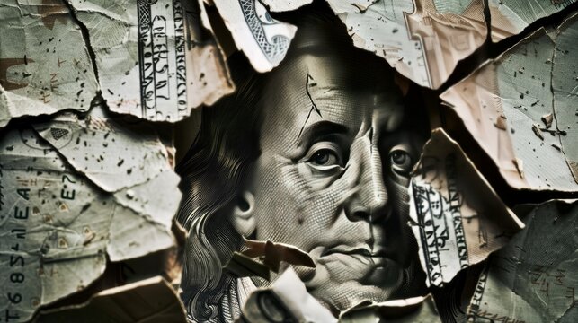 Broken American Hundred-Dollar Bill Torn into Pieces Symbolizing Economic Issues and Financial Instability