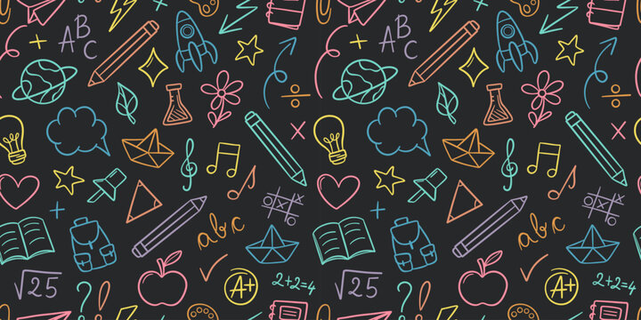 Fototapeta Dark back to school vector pattern background with colorful school supply doodles, seamless tile