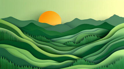 Obraz premium Green nature mountains landscape.3d Paper cut abstract minimal nature scene, template background.Vector illustration.