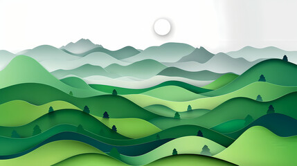 Obraz premium Green nature mountains landscape.3d Paper cut abstract minimal nature scene, template background.Vector illustration.