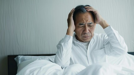 Depressed Senior Asian Man Sitting in Bed Struggling with Insomnia, Reflecting Mental Health Issues in the Night