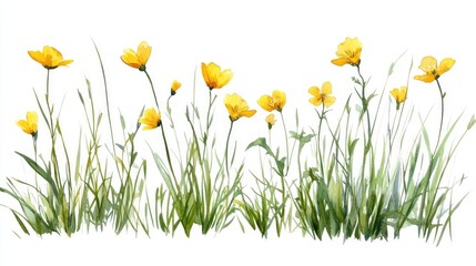 Lively Watercolor Painting of Wild Grass and Yellow Buttercup Flowers in a Peaceful Meadow Setting on a Clean White Background  Botanical Clipart for Nature Landscape or Floral Design