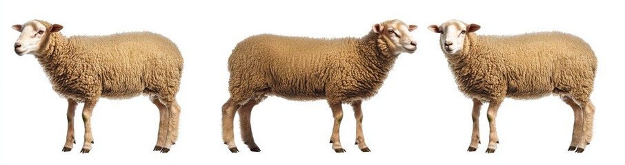 The sheep and lambs are standing on a white background.