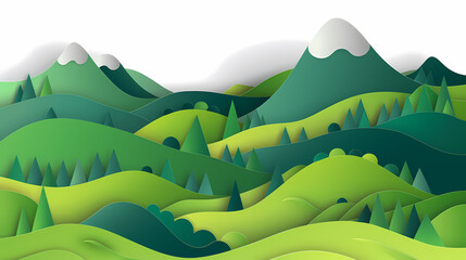 Obraz premium Green nature mountains landscape.3d Paper cut abstract minimal nature scene, template background.Vector illustration.
