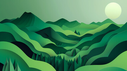 Obraz premium Green nature mountains landscape.3d Paper cut abstract minimal nature scene, template background.Vector illustration.