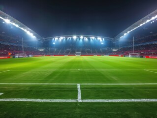 A brilliantly lit football stadium ready for the night game with empty stands and bright field lights