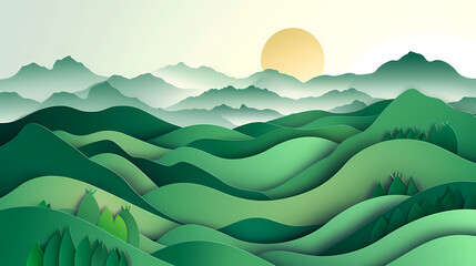 Obraz premium Green nature mountains landscape.3d Paper cut abstract minimal nature scene, template background.Vector illustration.
