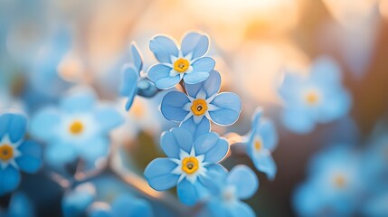 Delicate forget-me-not flowers, soft blue petals, yellow centers, macro photography, natural bright background, shallow depth of field, spring bloom, floral cluster.