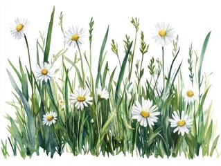Soft and Delicate Watercolor of Lush Meadow Grass with White Daisies Blooming on a Pure White Background Conveying a Sense of Tranquility and Natural Beauty