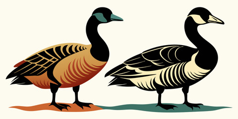 Canada geese. Two birds. The black silhouette and the color vintage style bird. Vector illustration

