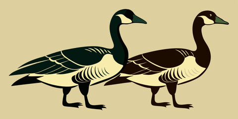 Canada geese. Two birds. The black silhouette and the color vintage style bird. Vector illustration
