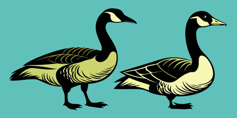 Canada geese. Two birds. The black silhouette and the color vintage style bird. Vector illustration
