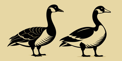 Canada geese. Two birds. The black silhouette and the color vintage style bird. Vector illustration
