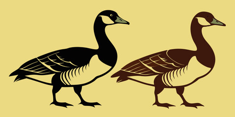 Canada geese. Two birds. The black silhouette and the color vintage style bird. Vector illustration

