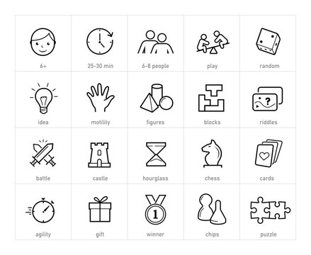 Board game icons set. The outline icons are well scalable and editable. Contrasting elements are good for different backgrounds. EPS10.	